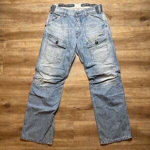 G Star RAW Jeans Men 30x32 Blue 3301 Baggy Wide Leg Washout Double Knee Utility